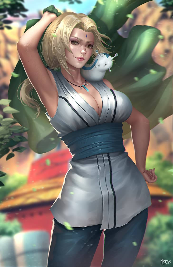 Tsunade wat buite poseer met Katsuyu