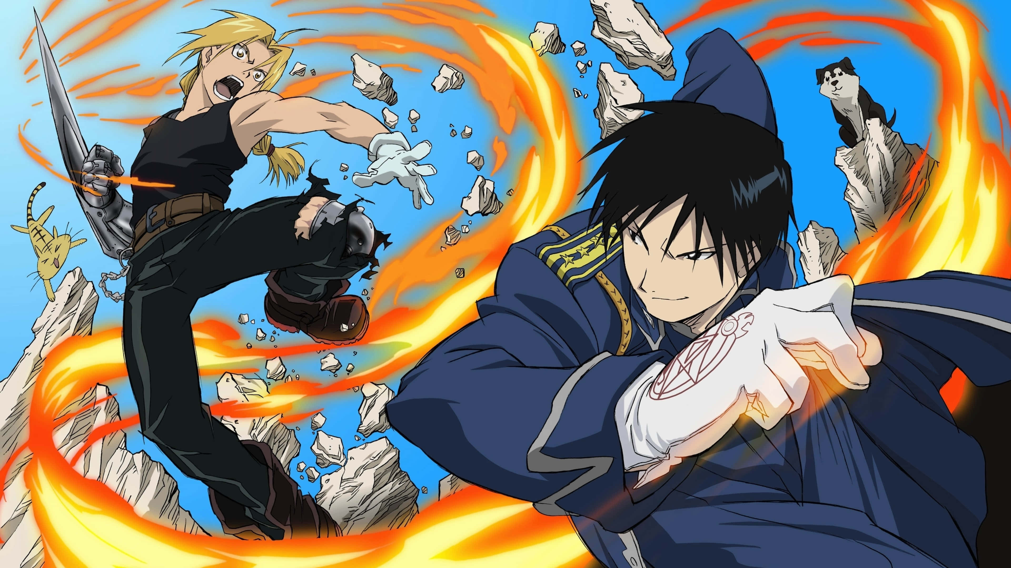 twee anime karakters wat met vuur baklei Muurpapier
