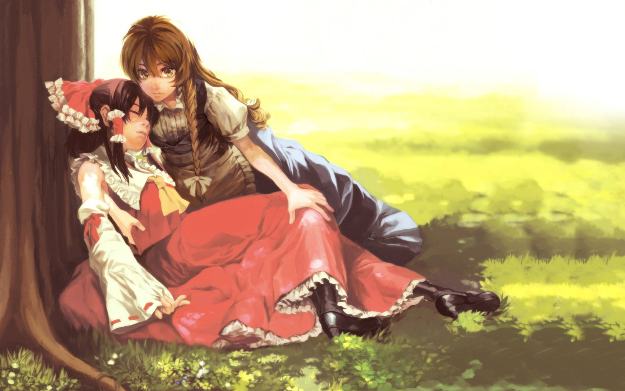 Twee Anime-Karakters, Reimu en Marisa in 'n Hartlike Omhelsing Muurpapier