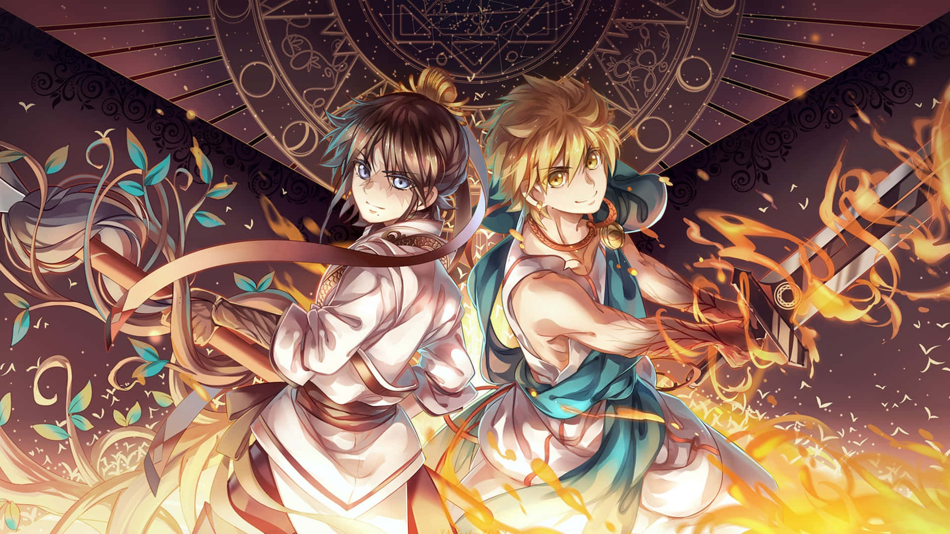 twee anime karakters wat voor vuur staan Muurpapier