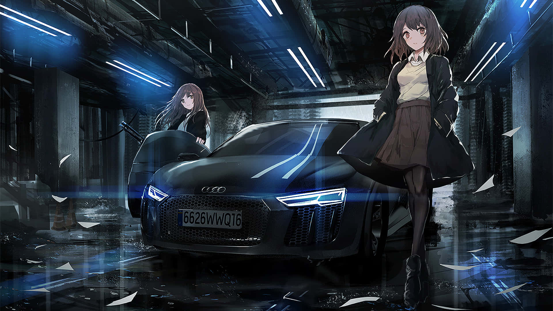 twee anime meisies wat langs 'n motor staan Muurpapier