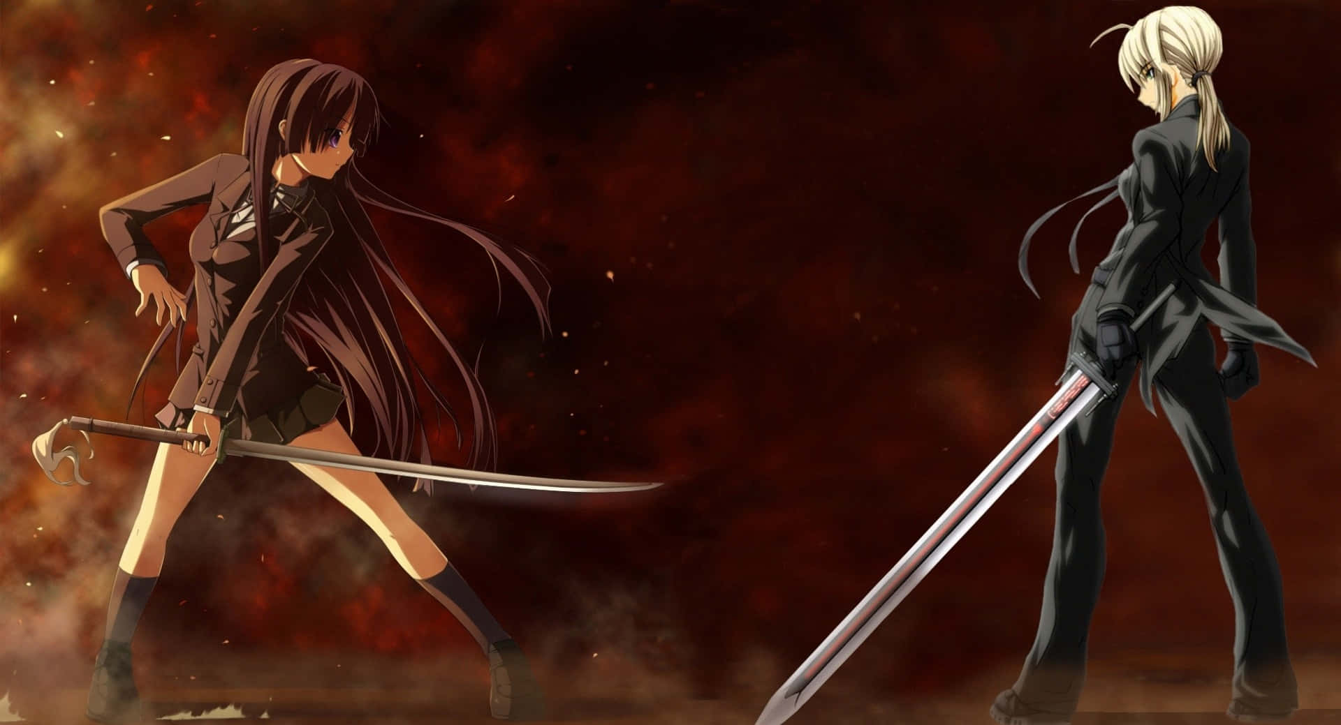 twee anime meisies met swaarde voor 'n vuur Muurpapier