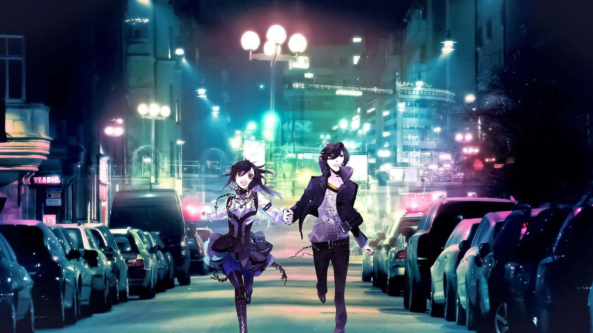 twee anime meisies wat snags in 'n straat afstap Muurpapier