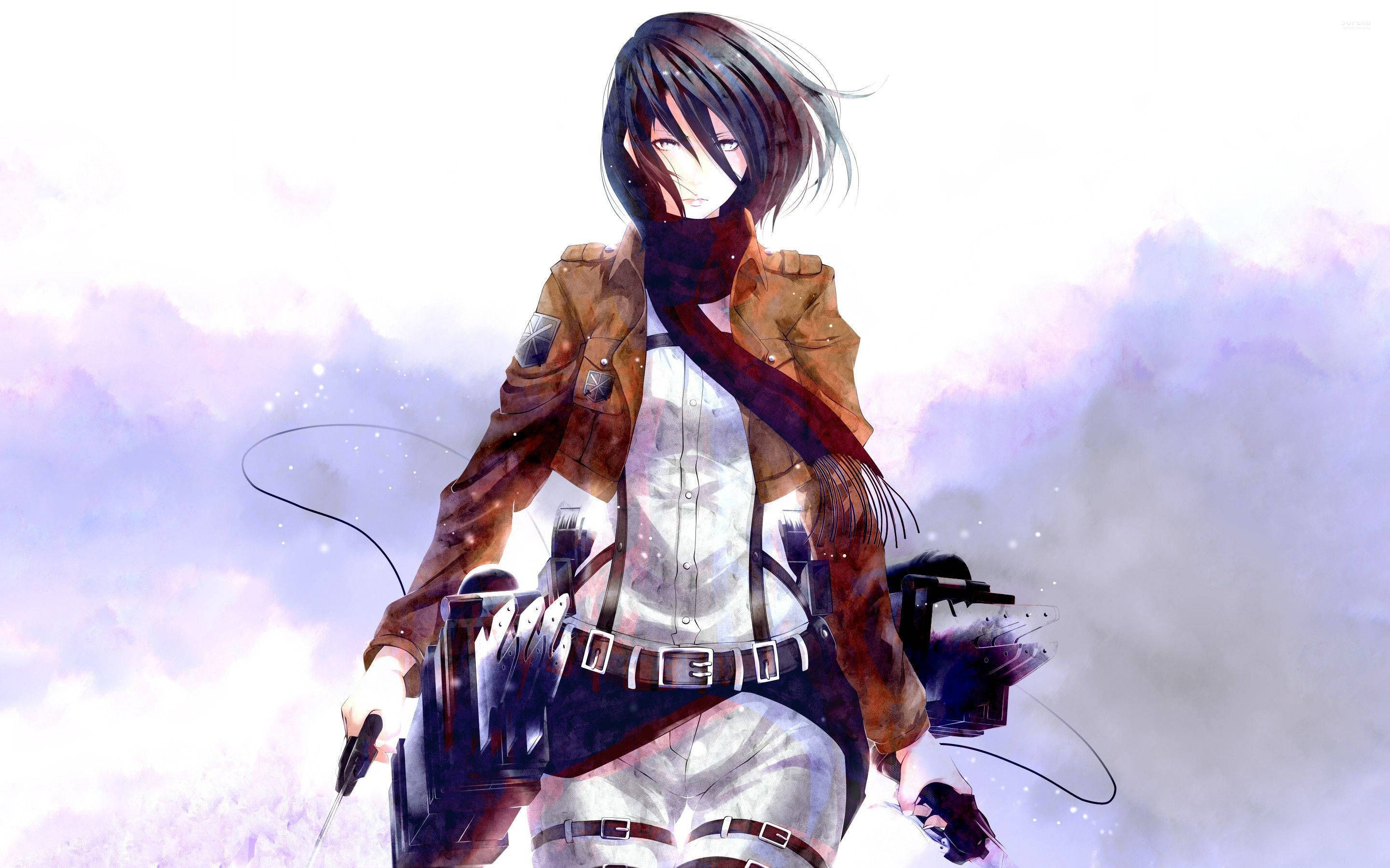 Twee dapper verkenners, Mikasa Ackerman en Eren Yeager, berei voor vir geveg in die Attack On Titan-anime. Muurpapier