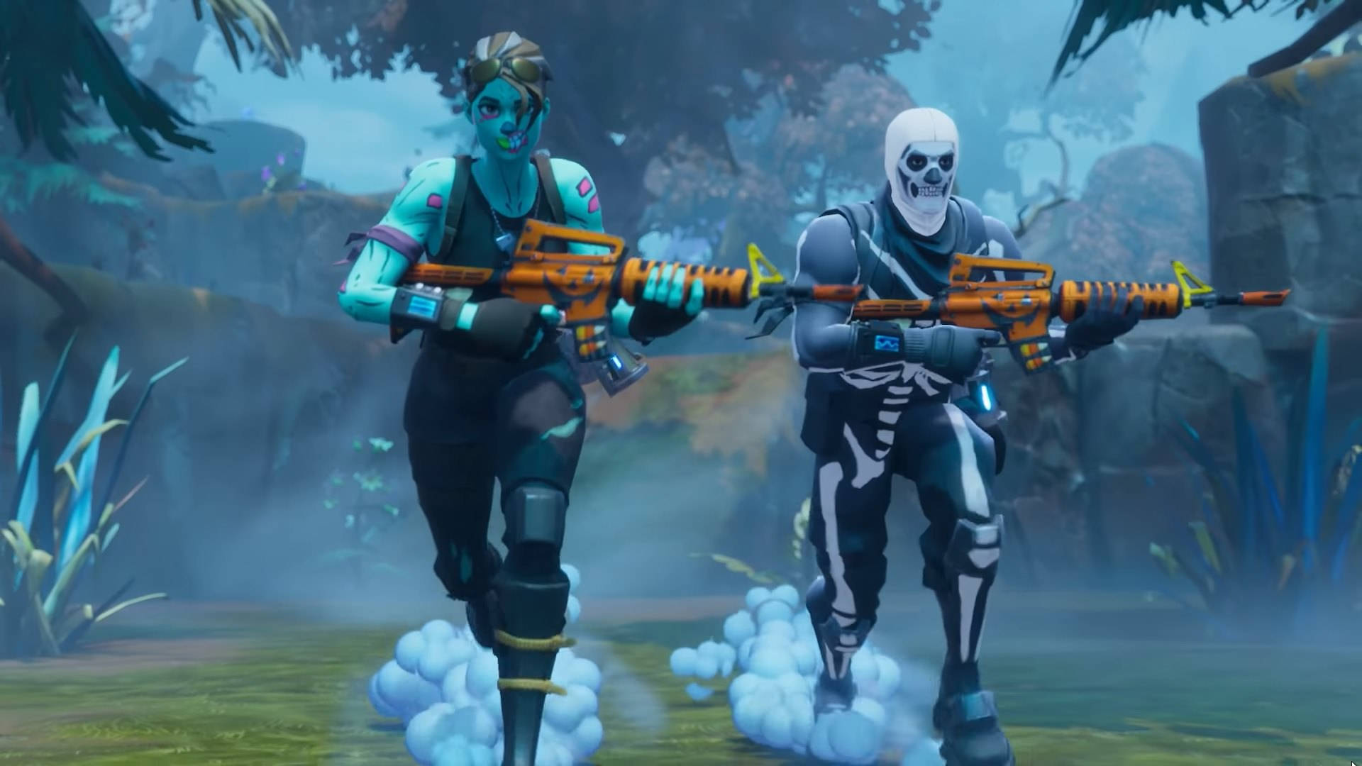 Twee karakters met winterveldtogte in Fortnite HD-agtergrond.