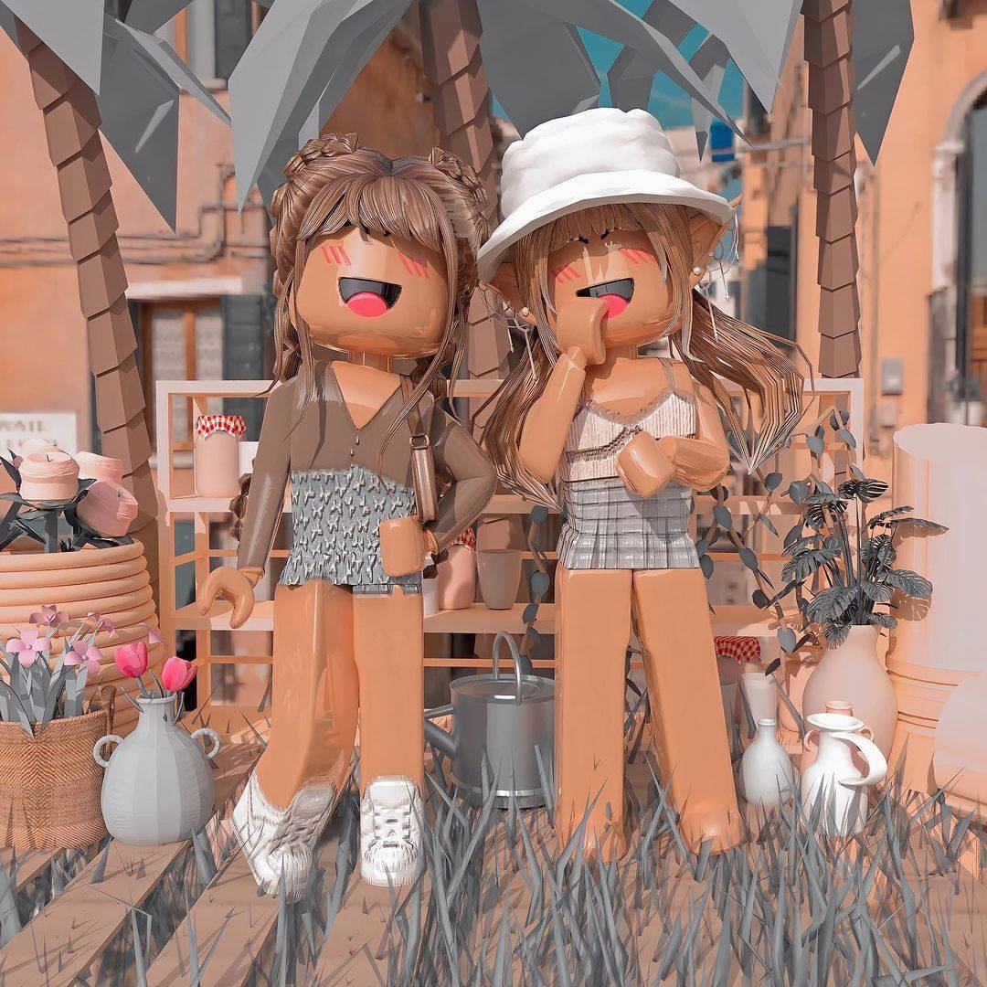 Twee Gelukkige Roblox Meisies Preppy PFP Tuin Muurpapier