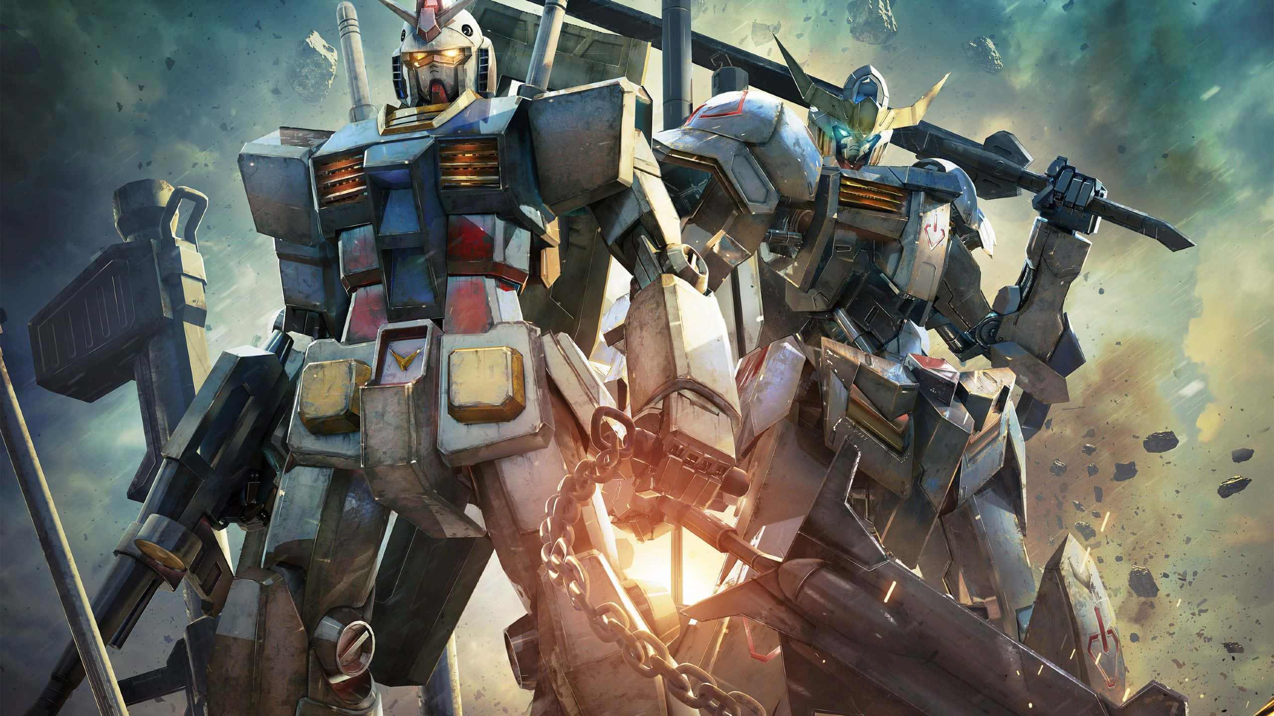 Twee Gewapende Gundam Werkskerm Muurpapier