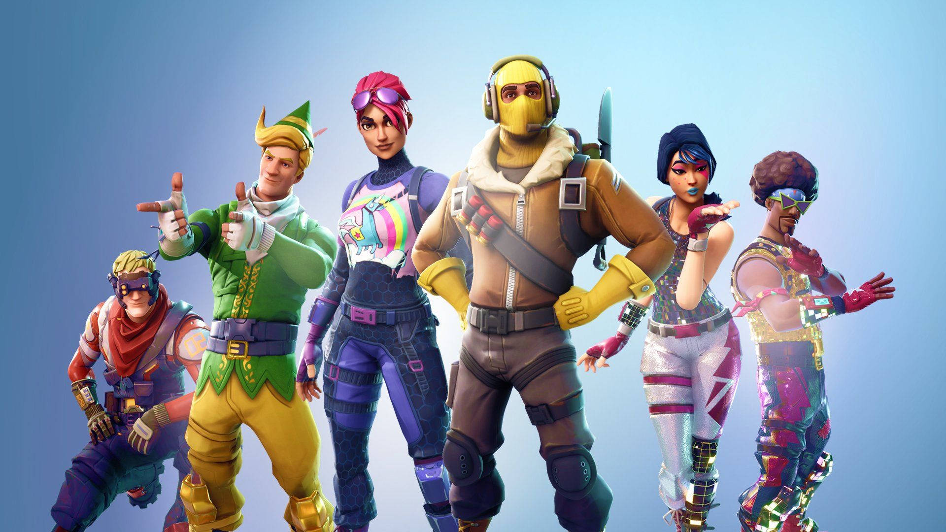 6 Fortnite-karakters in blou ombre agtergrond HD-agtergrond.