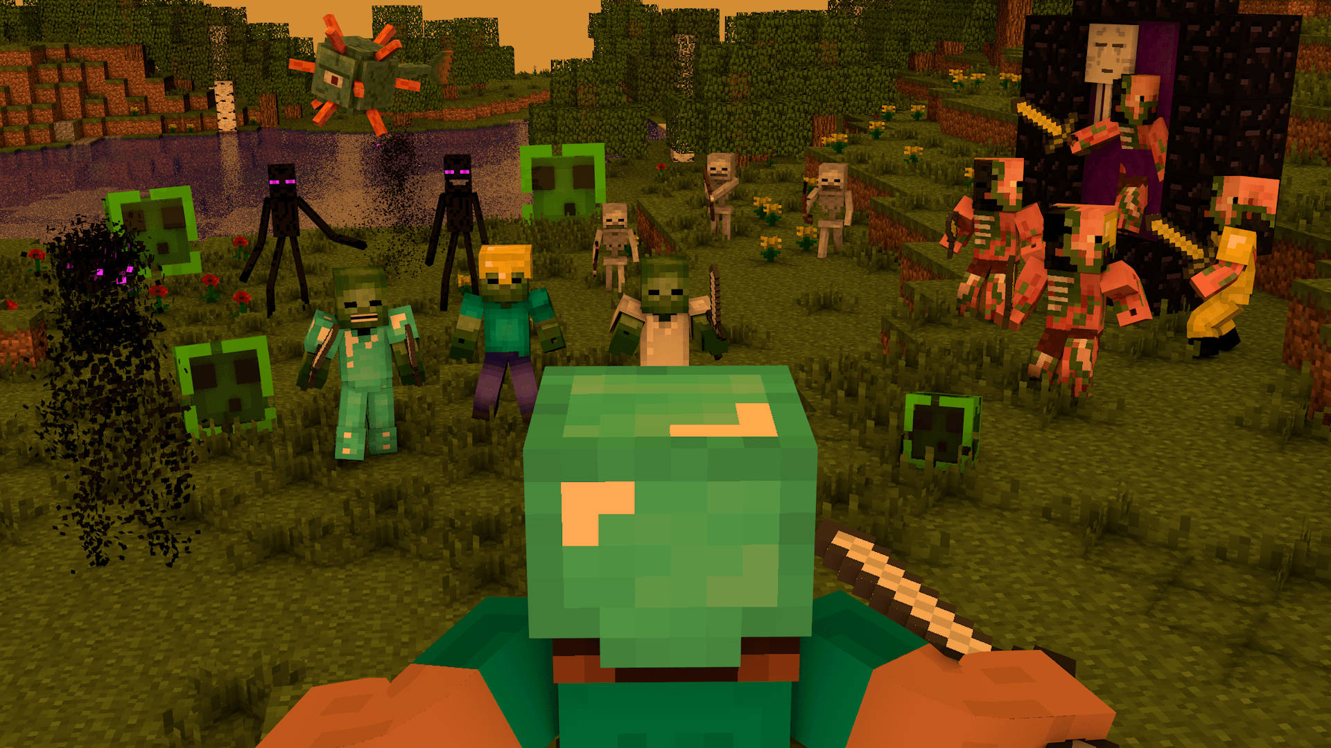 Minecraft hoofkarakter skurke veg in veld agtergrond