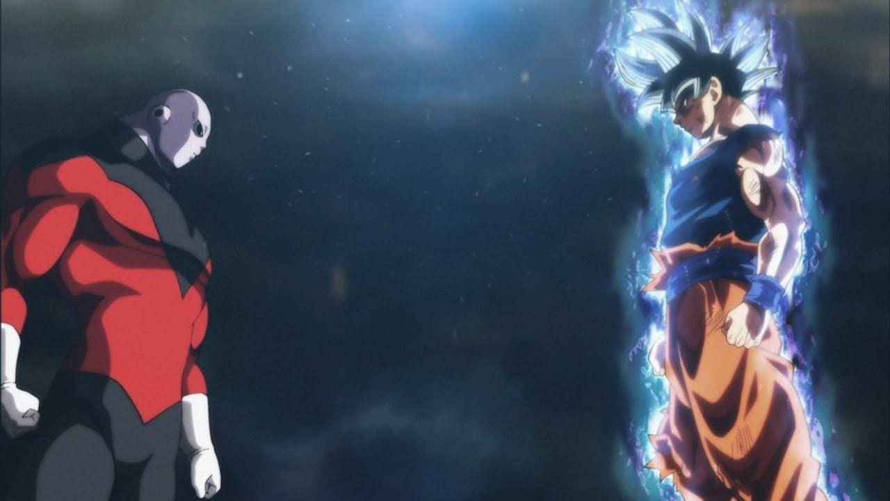 Ultra Instink Goku wat Jiren in die oë staar Muurpapier