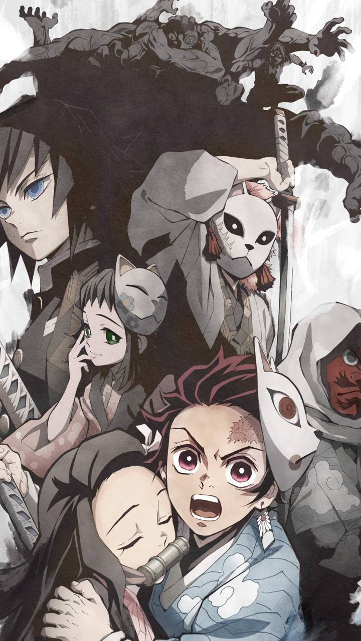 Demon Slayer-agtergrond van Urokodaki se dissipels, met Giyu en demone. — Demon slayer 4K GIF Muurpapier