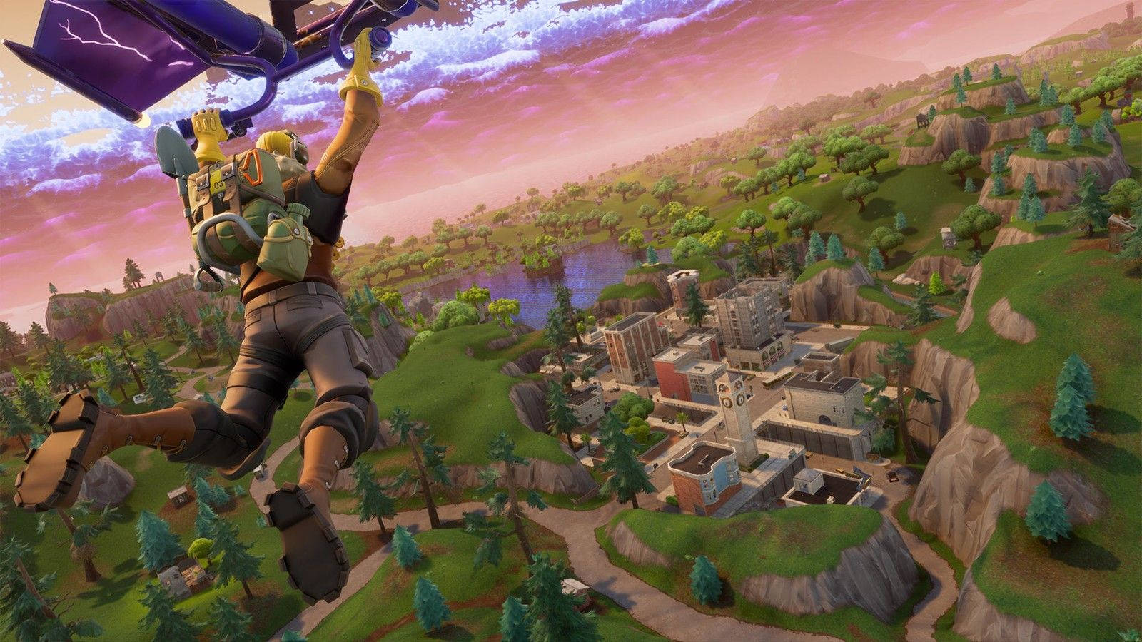 'n Manlike karakter sweef na 'n gebou in Fortnite-agtergrond.