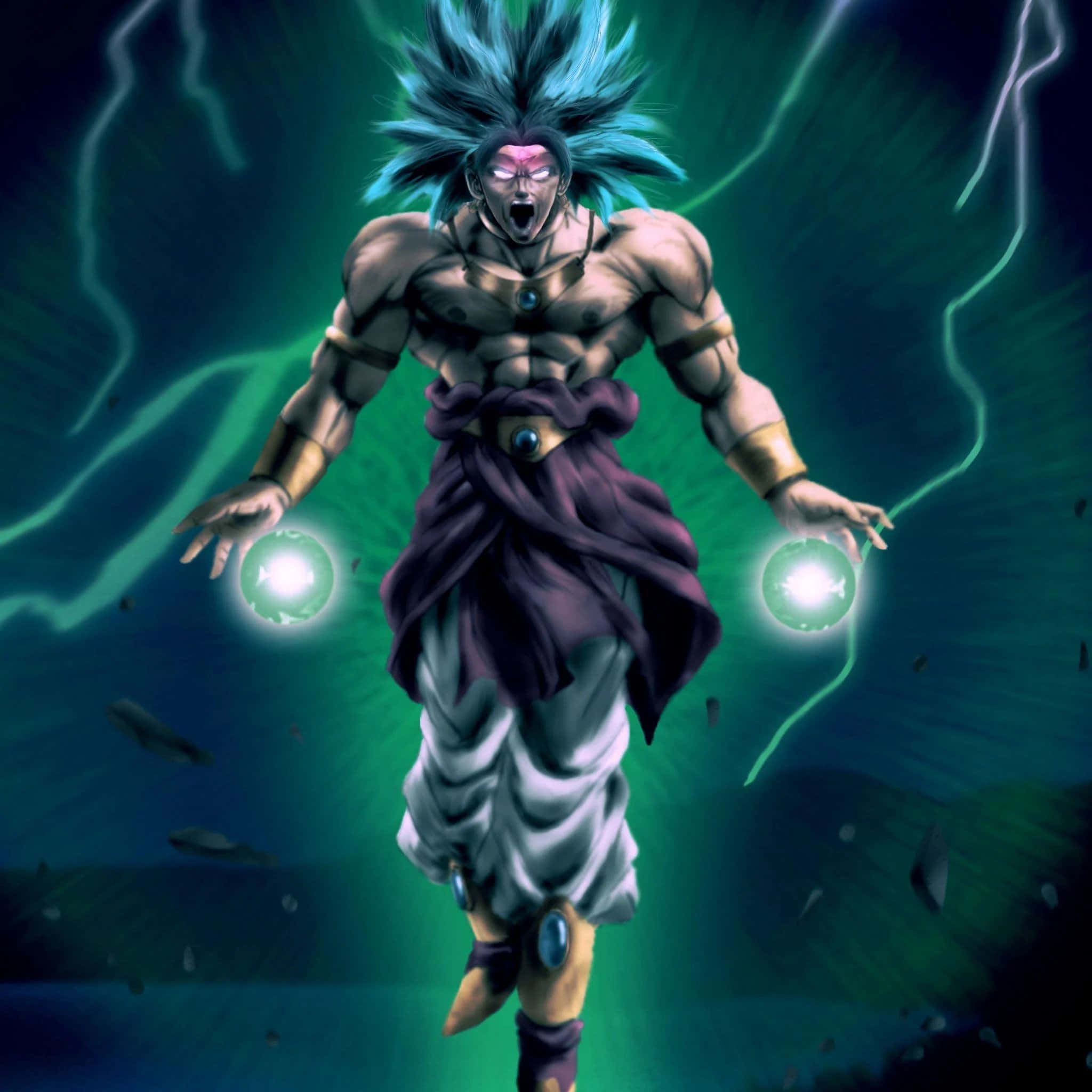 'Van die legendariese fliek Dragon Ball Super Broly, 'n blik op Super Saiyan Blue Goku te midde van 'n geveg.' Muurpapier