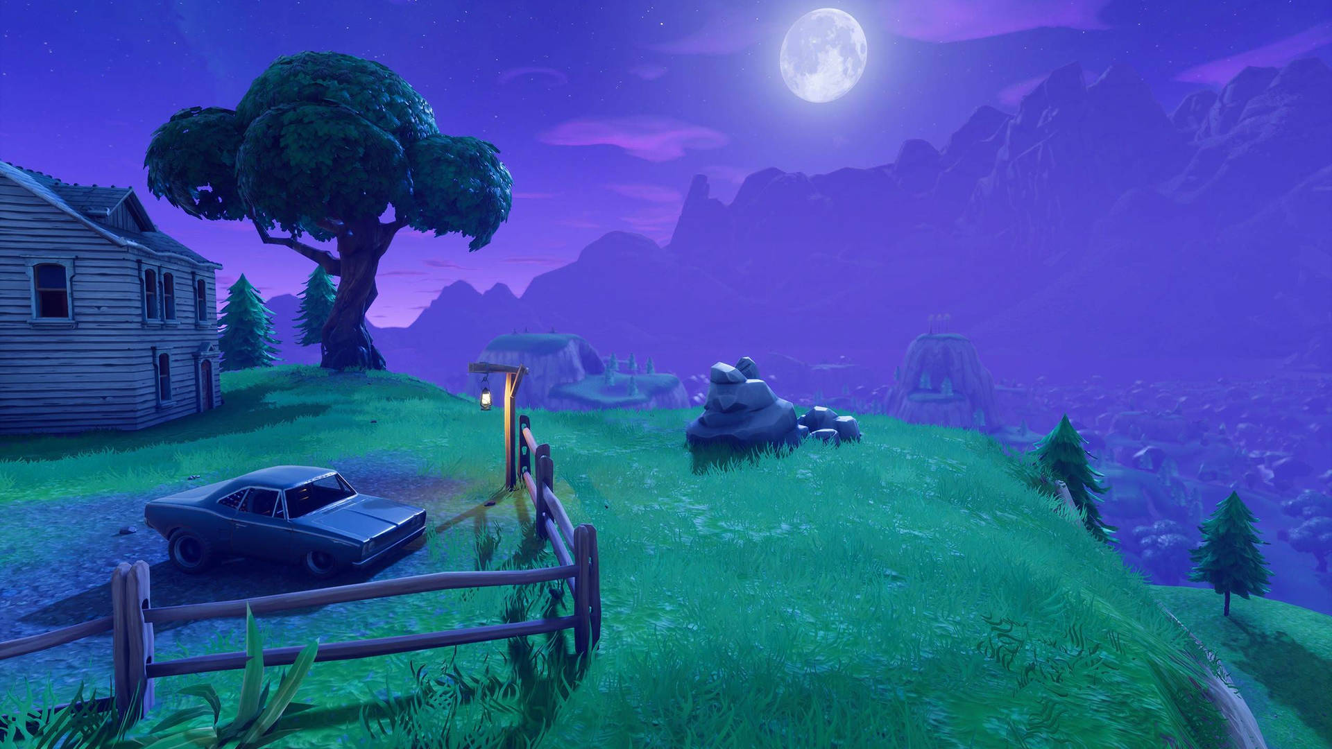 Nag- en rustige uitsig met volmaan in Fortnite HD-agtergrond.
