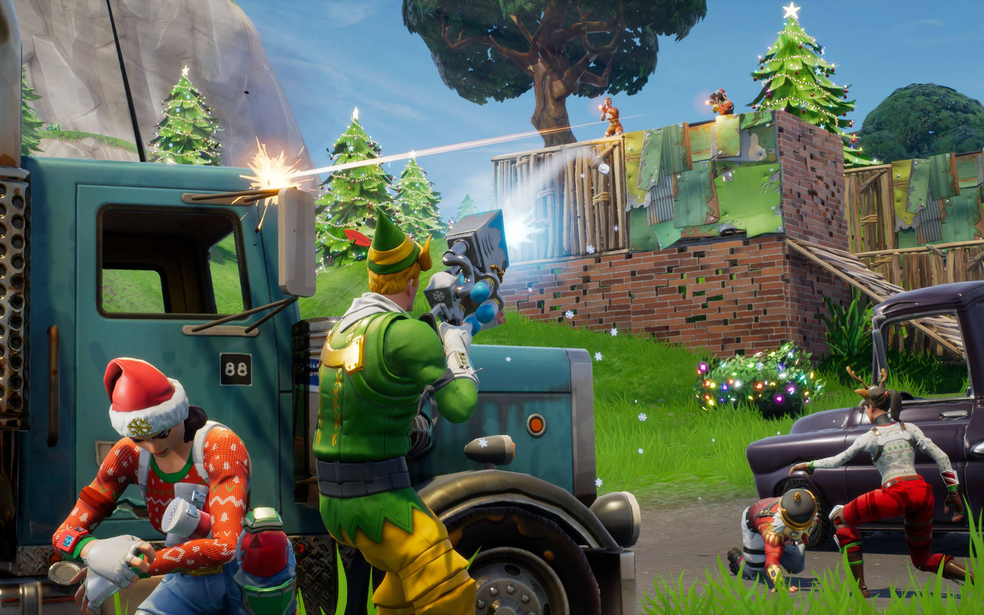 'n Battle Royale-agtergrond in Kersfees-seisoen uit die speletjie Fortnite-agtergrond.