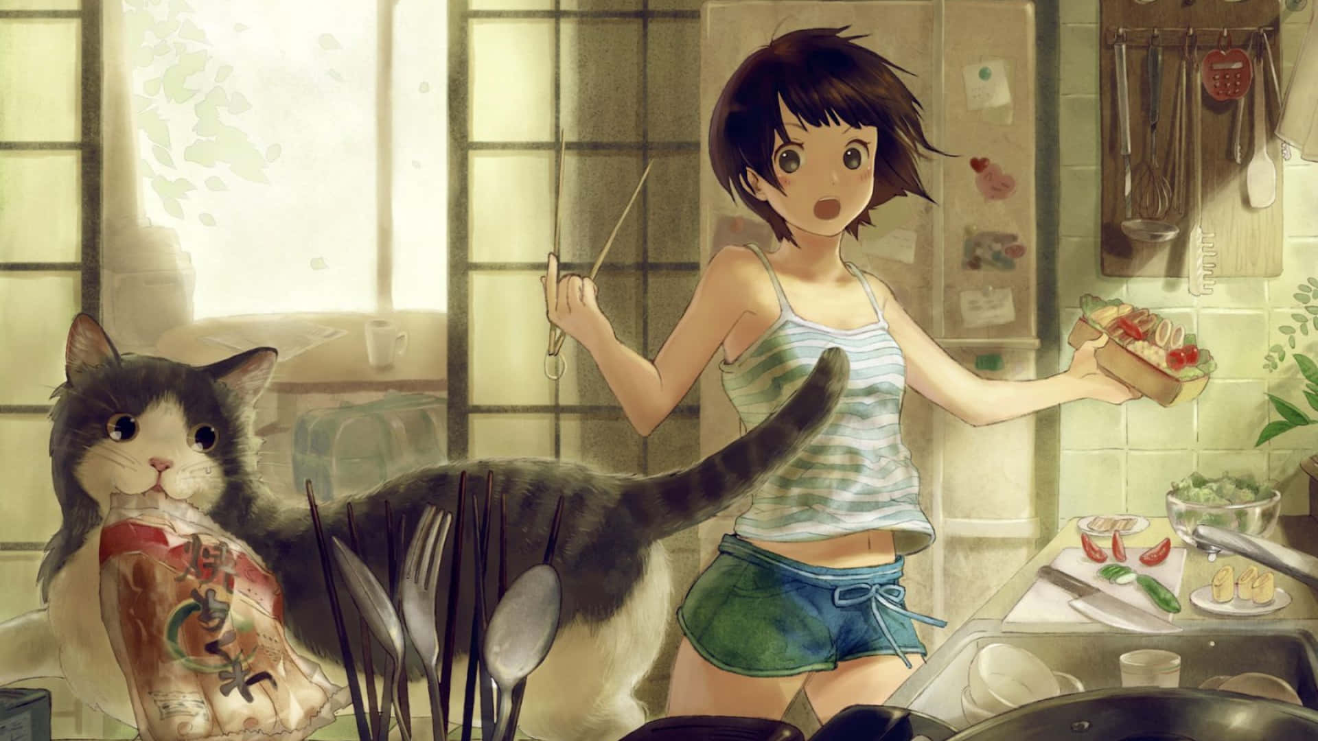 Verbaasde Anime Meisie 1920x1080 Kombuis Agtergrond Muurpapier