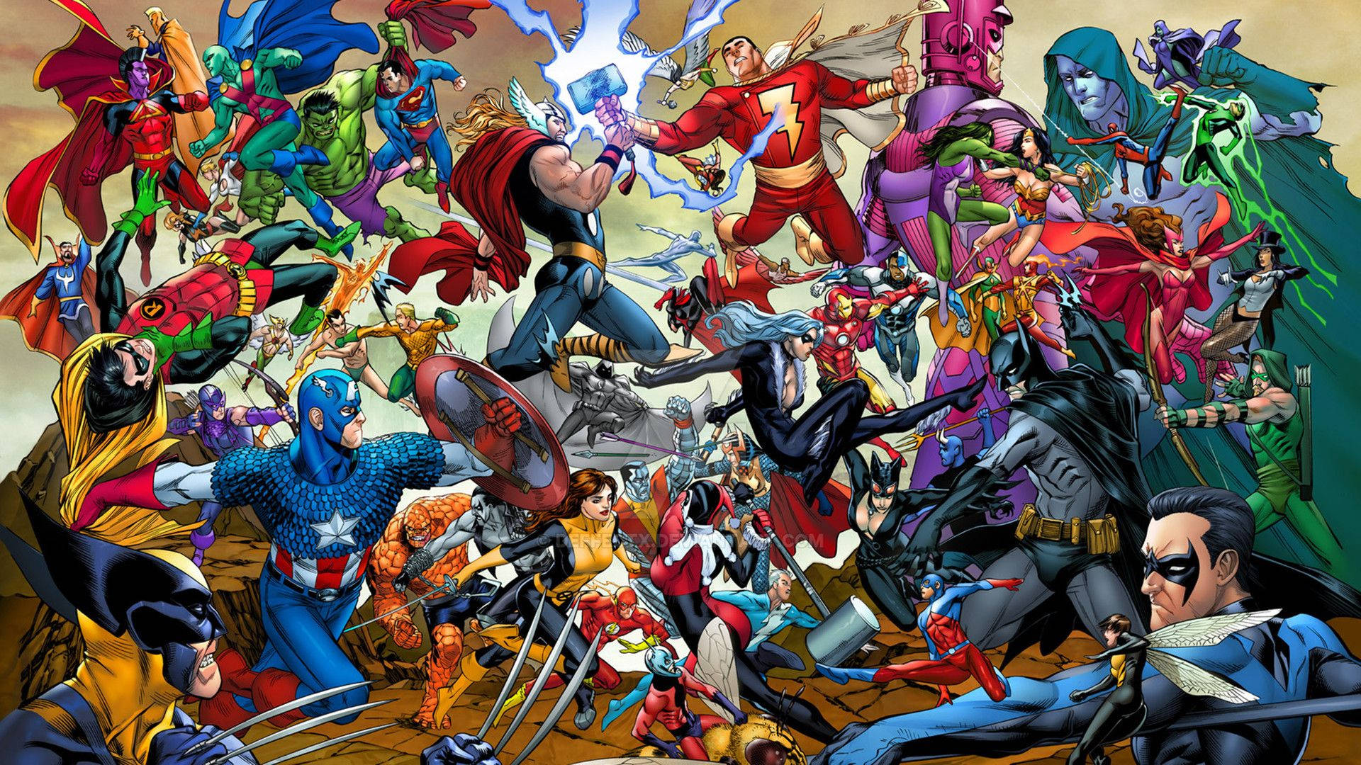 Marvel-superheld en -skurk in een strokiesprent-agtergrond.