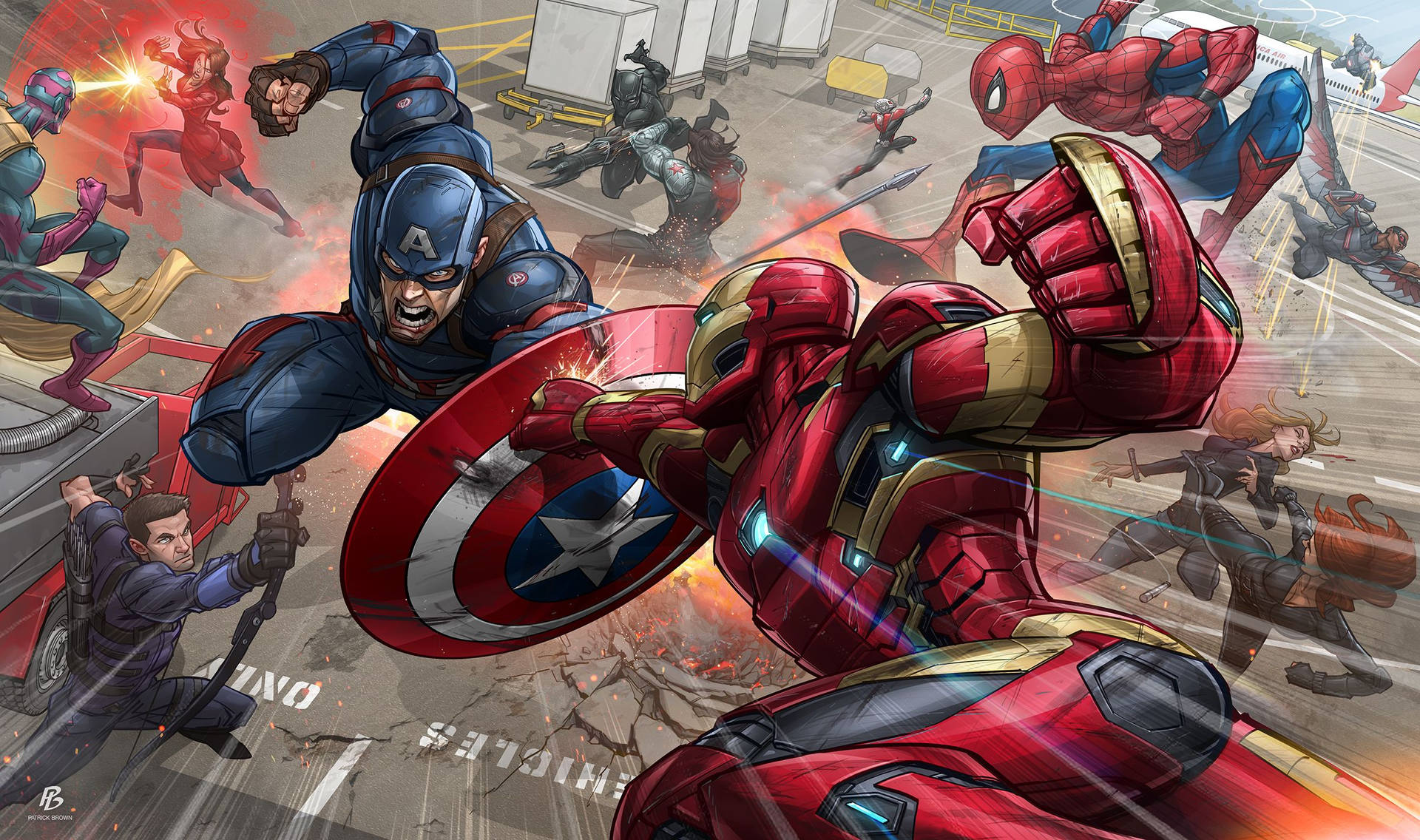 Marvel-superhelde Captain America en Iron Man wat veg.