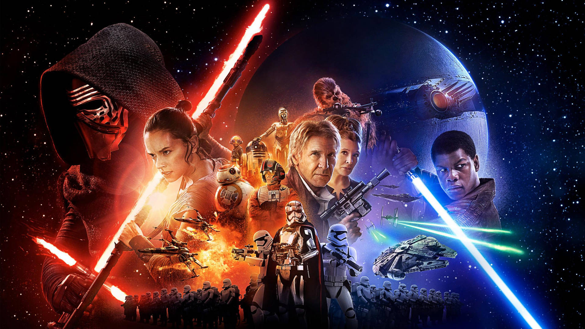 'n Wonderlike agtergrond van Star Wars-karakters rooi en blou span met weerligswaarde — Star Wars Muurpapier