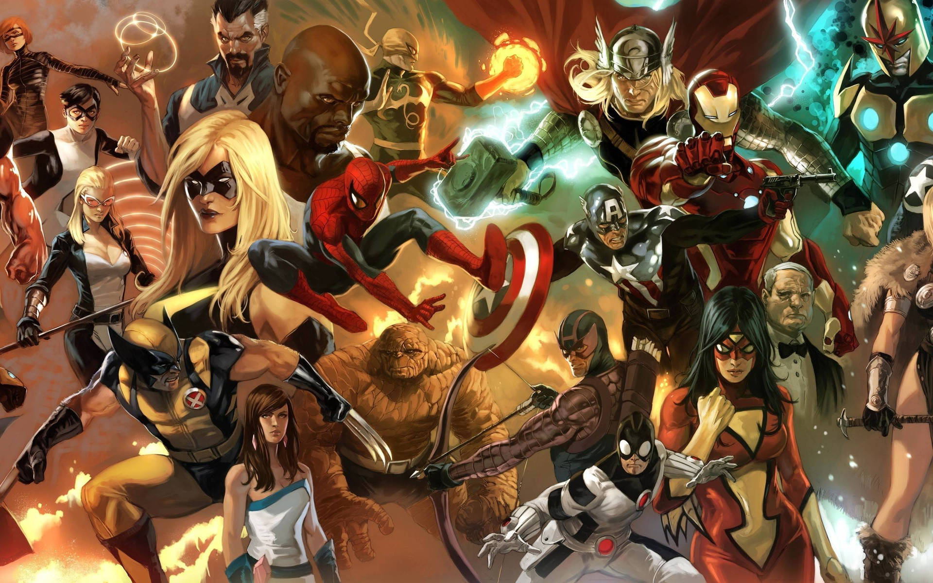 Marvel-superheldkarakters in een agtergrond.