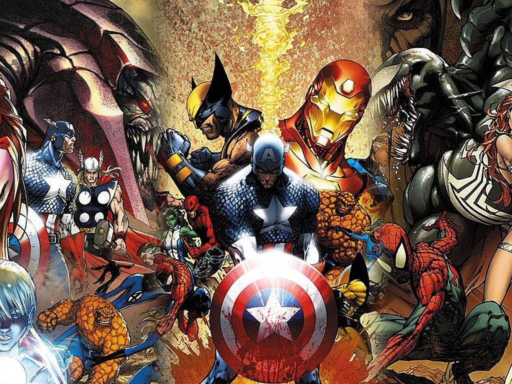 Marvel-helde almal in een strokiesprent met skurkagtige karakters.