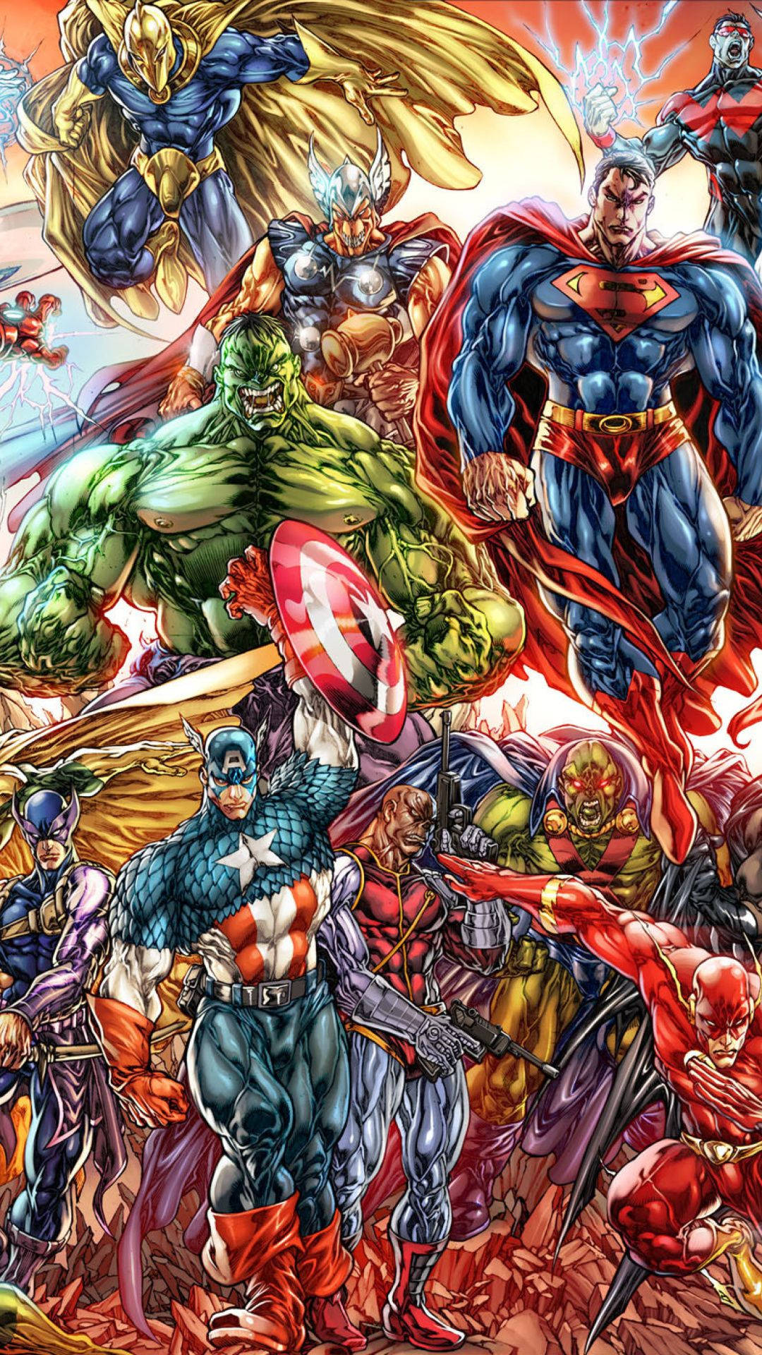 Marvel-strokiesprent kleurvolle agtergrond met helde en skurke.