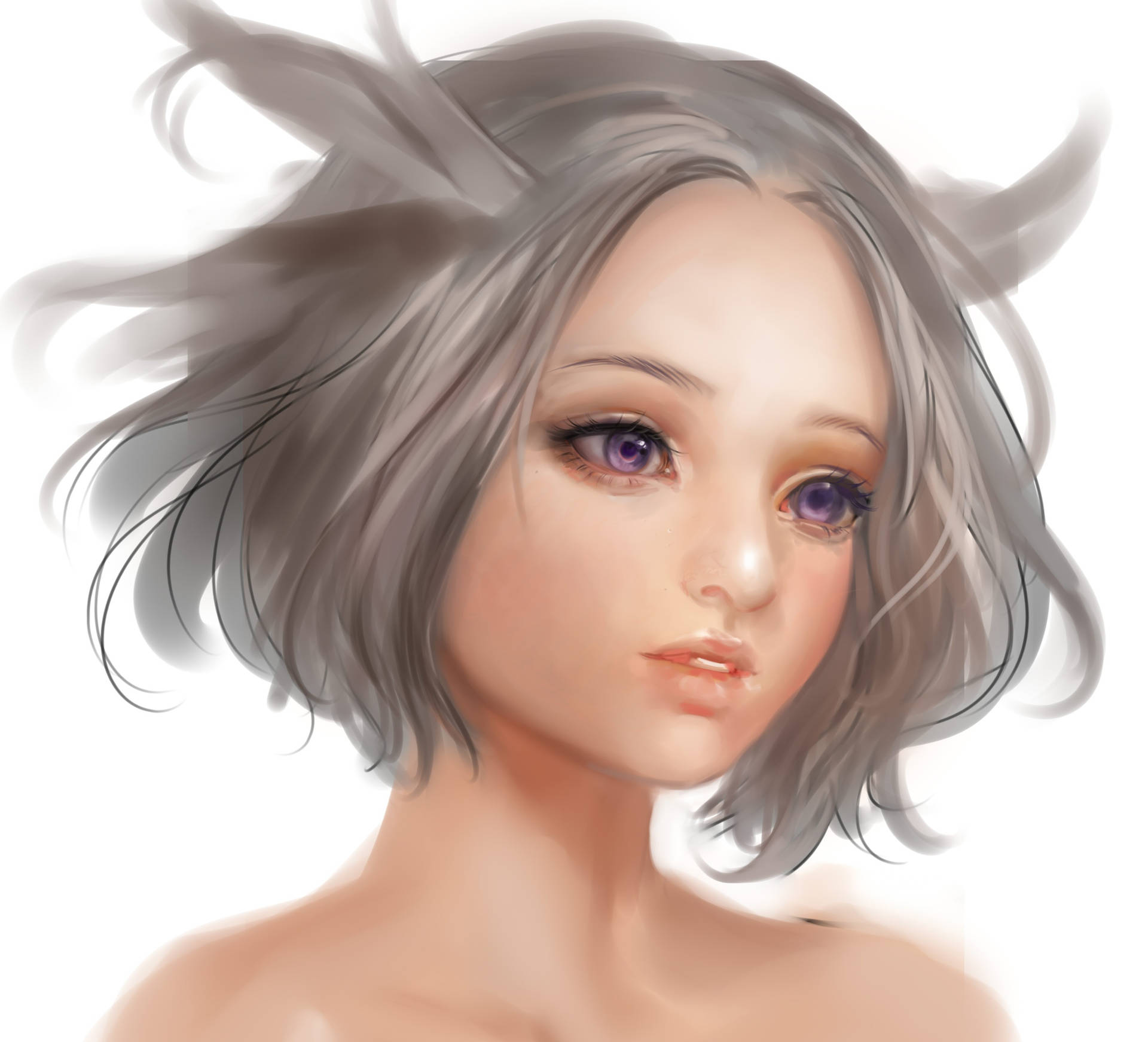 Anime meisie 3d digitale kuns agtergrond met wit kort hare en pers oë. — Anime meisie Muurpapier