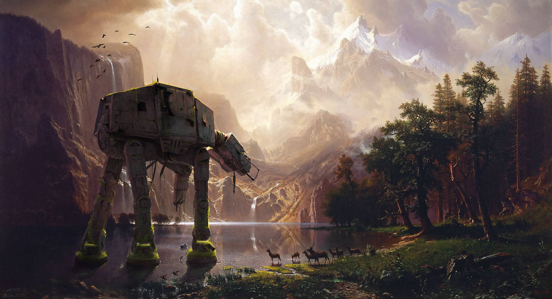 Star Wars-agtergrond van 'n dinosourus-robot wat op 'n berg stap met takbokke en bome. — Star Wars Muurpapier