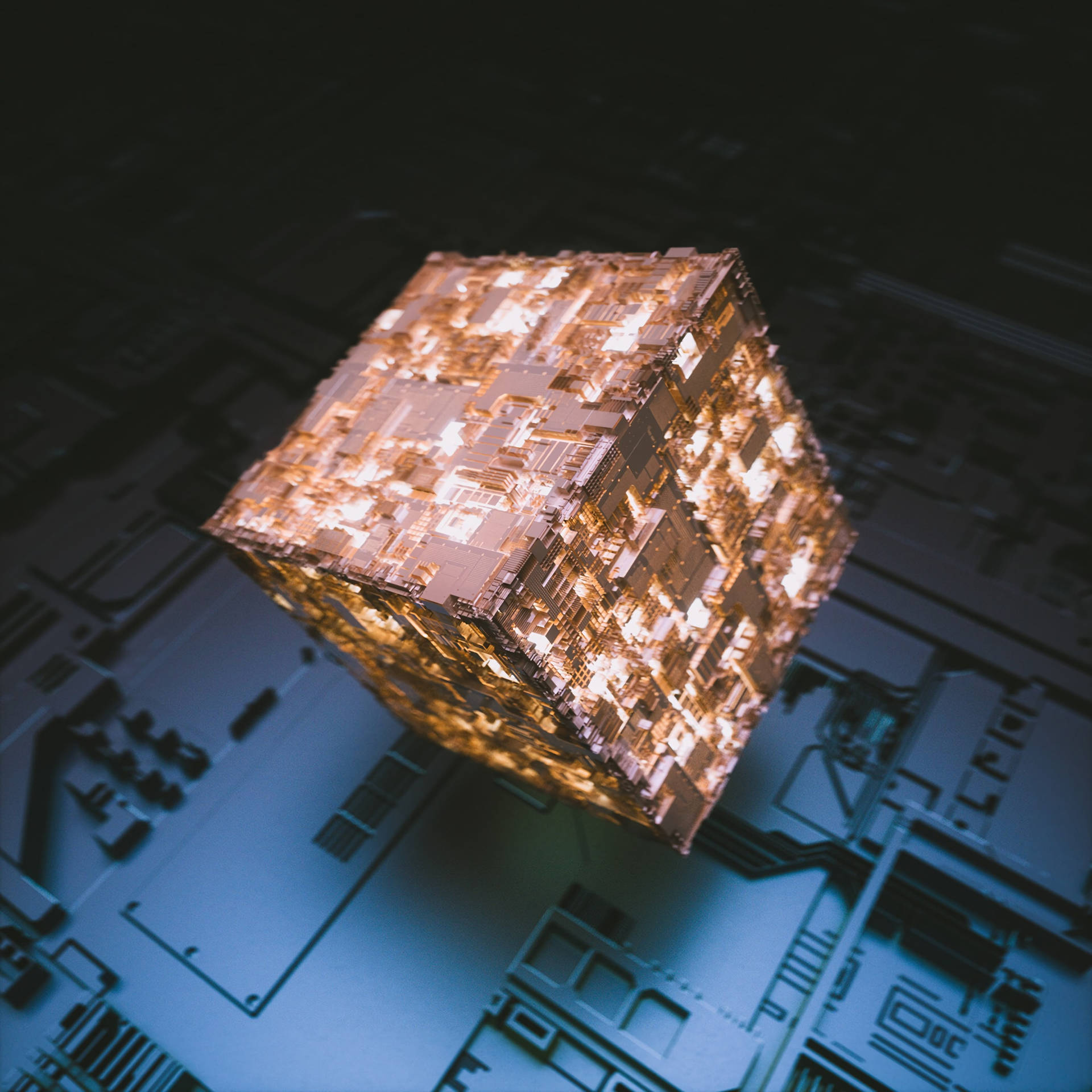 3D goue gloeiende klipkubus wat verlig in die donker agtergrond