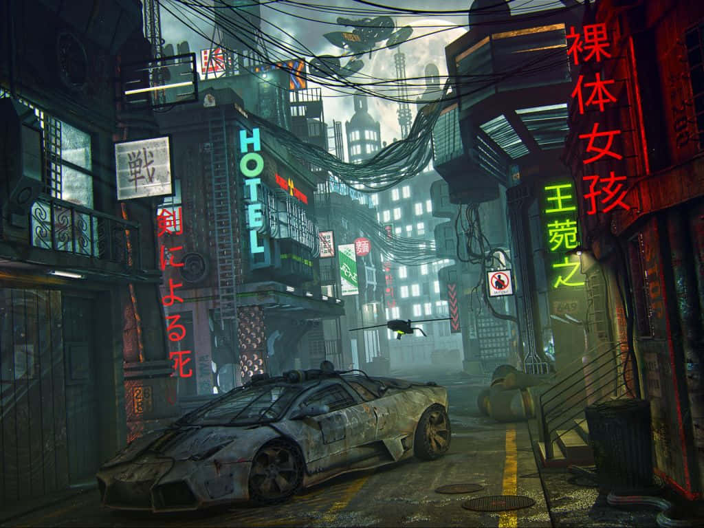 Verlate Motor In Stad Tokio Anime Muurpapier