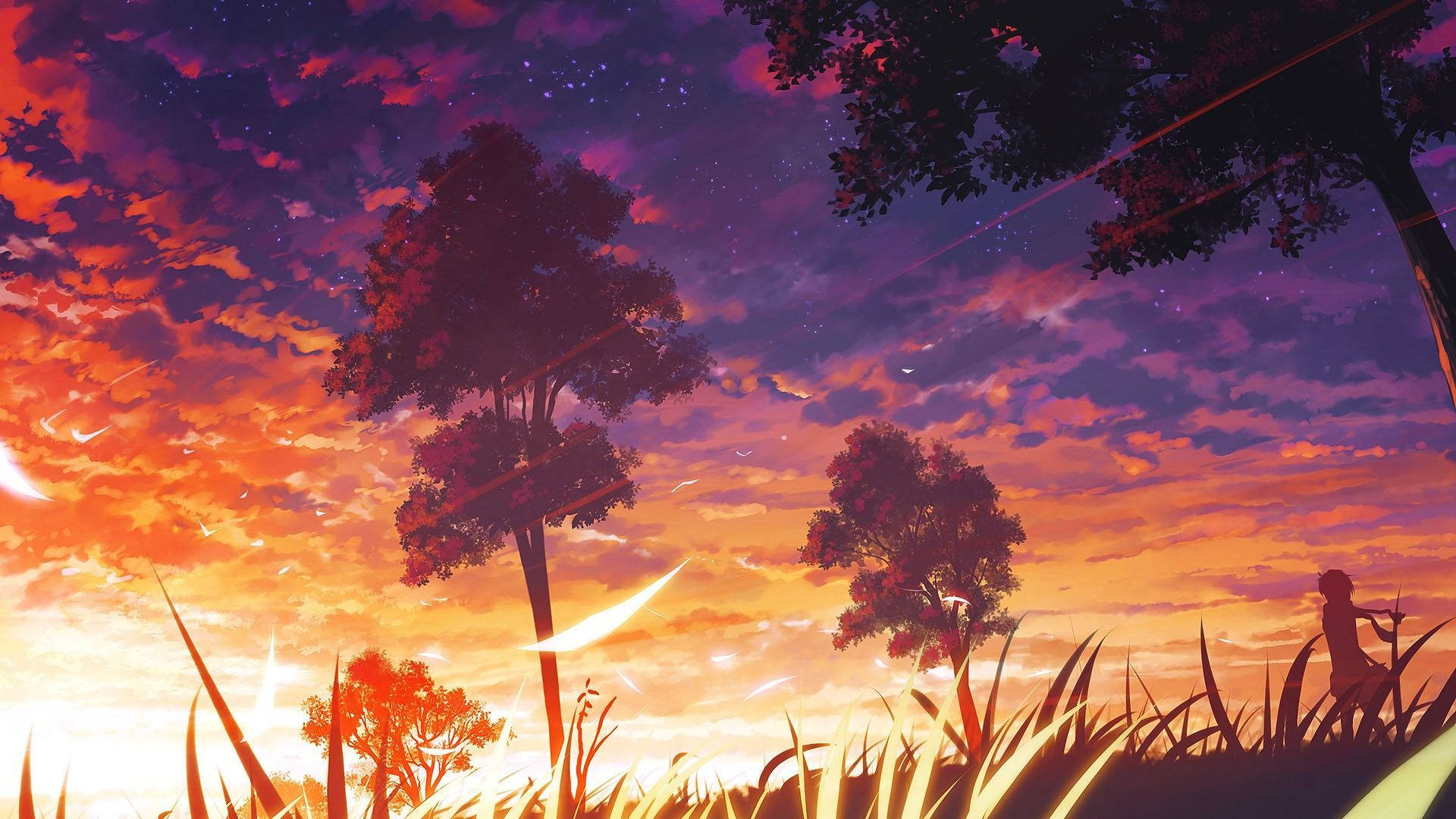 Verligte Sonsondergang Estetiese Anime Landskap Muurpapier