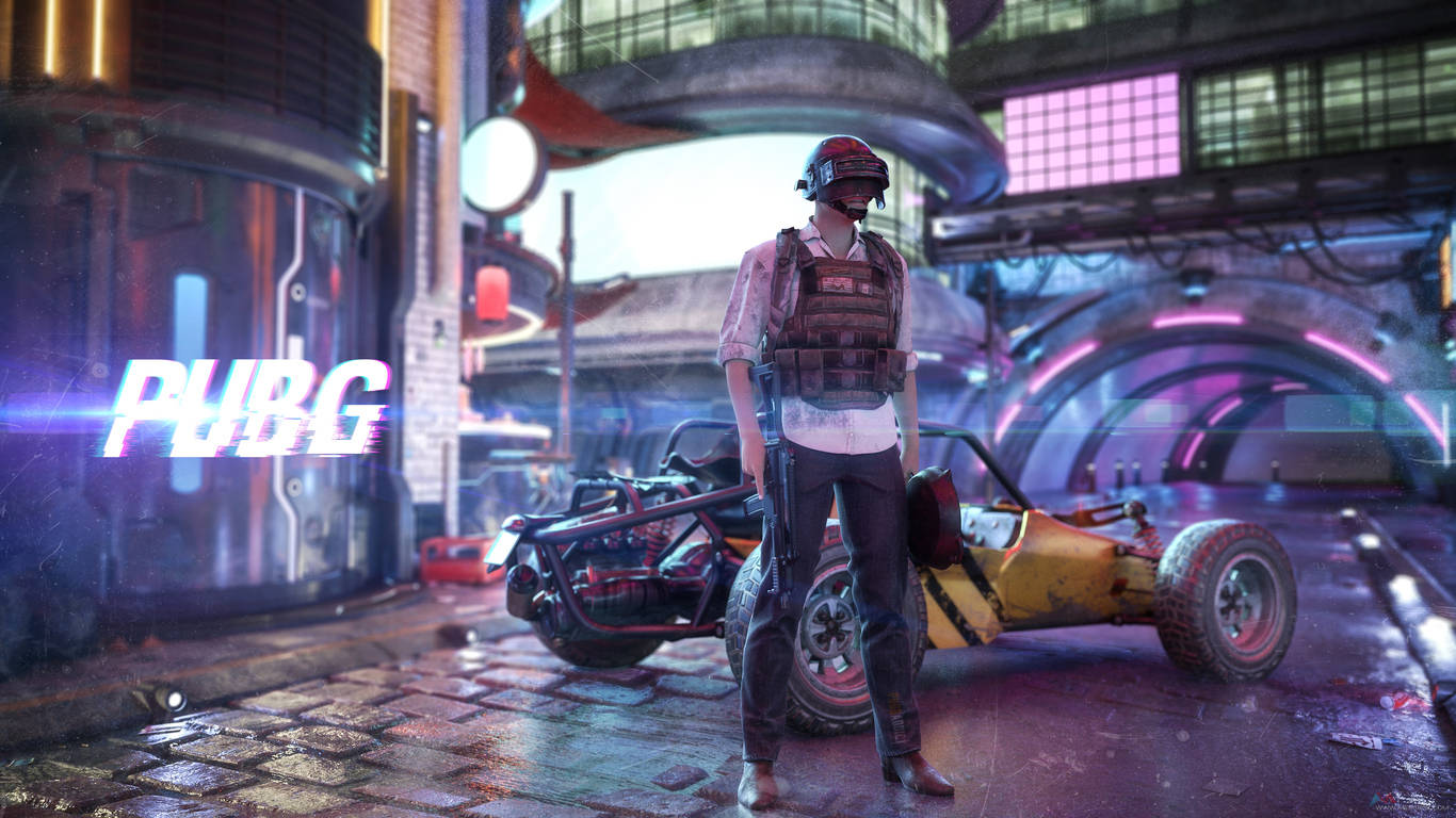 Victor in Neonstad PUBG 1366x768 Muurpapier