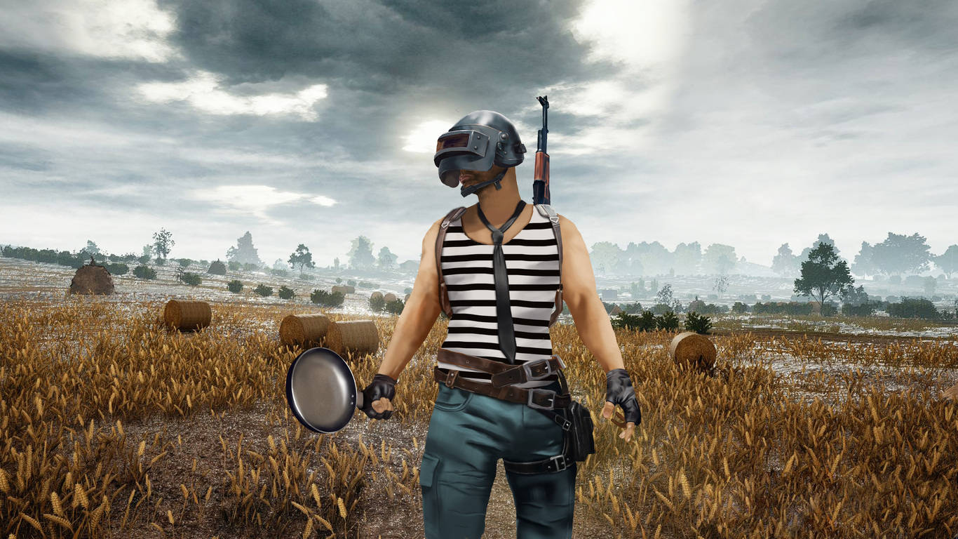 Victor in PUBG wat 'n pan vashou 1366x768 Muurpapier