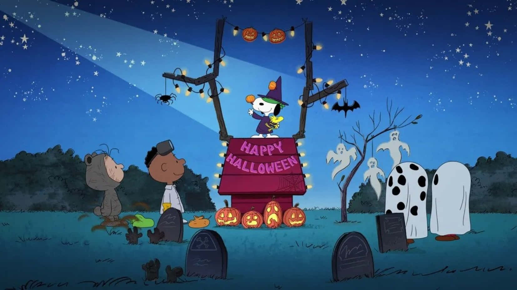 Vier Halloween saam met Charlie Brown Muurpapier