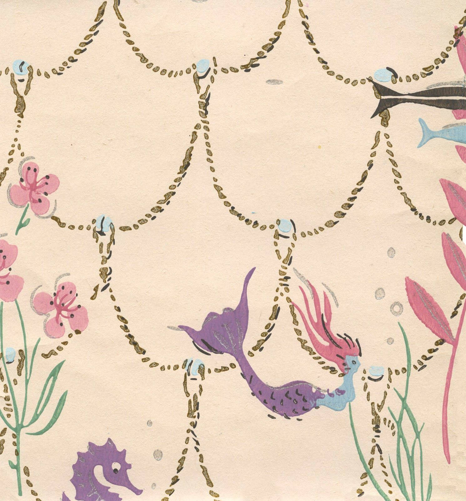 Meermin vintage onderwater pienk plakkaat kuns muurpapier.