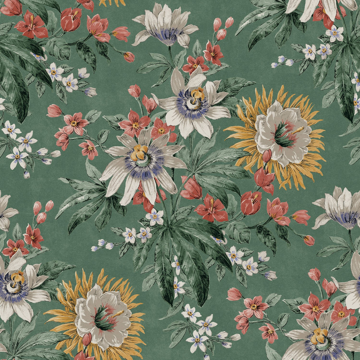Viridian Geverfde Blomme en Blare Muurpapier