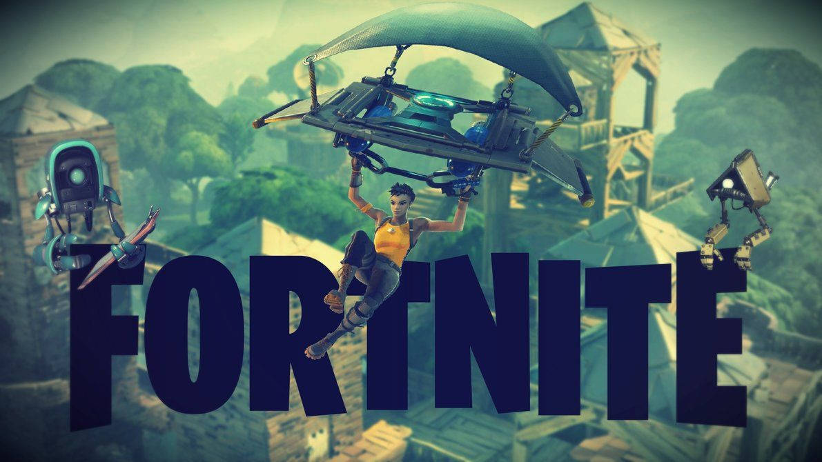 Fortnite-speletjie in groen ondertoon met 'n manlike karakter wat sweef agtergrond.