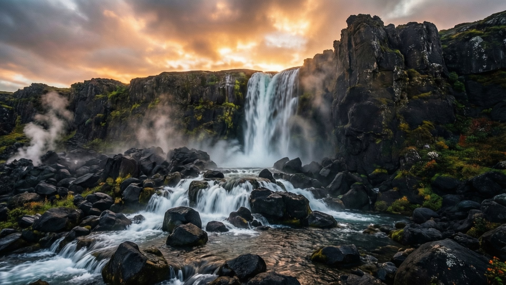 Volkaniese Warmwaterbron Waterval Muurpapier