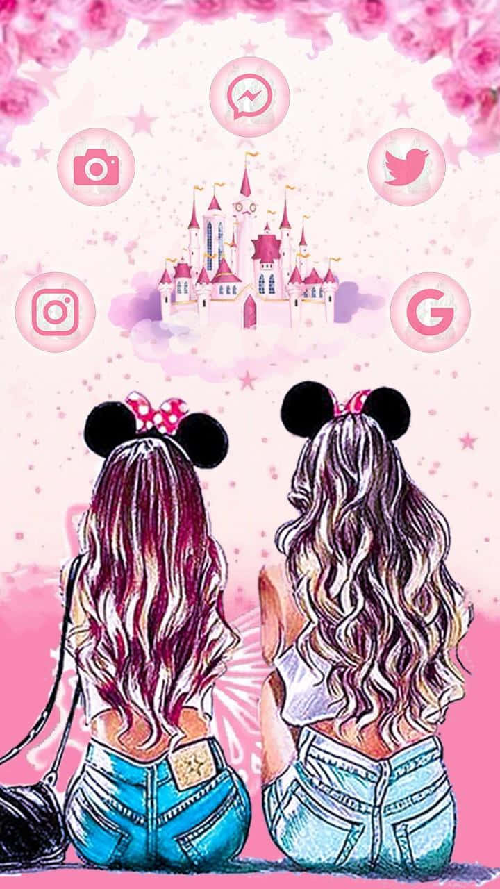 Vriendskap Tekenprent Meisies Disneyland Kasteel Prent Muurpapier