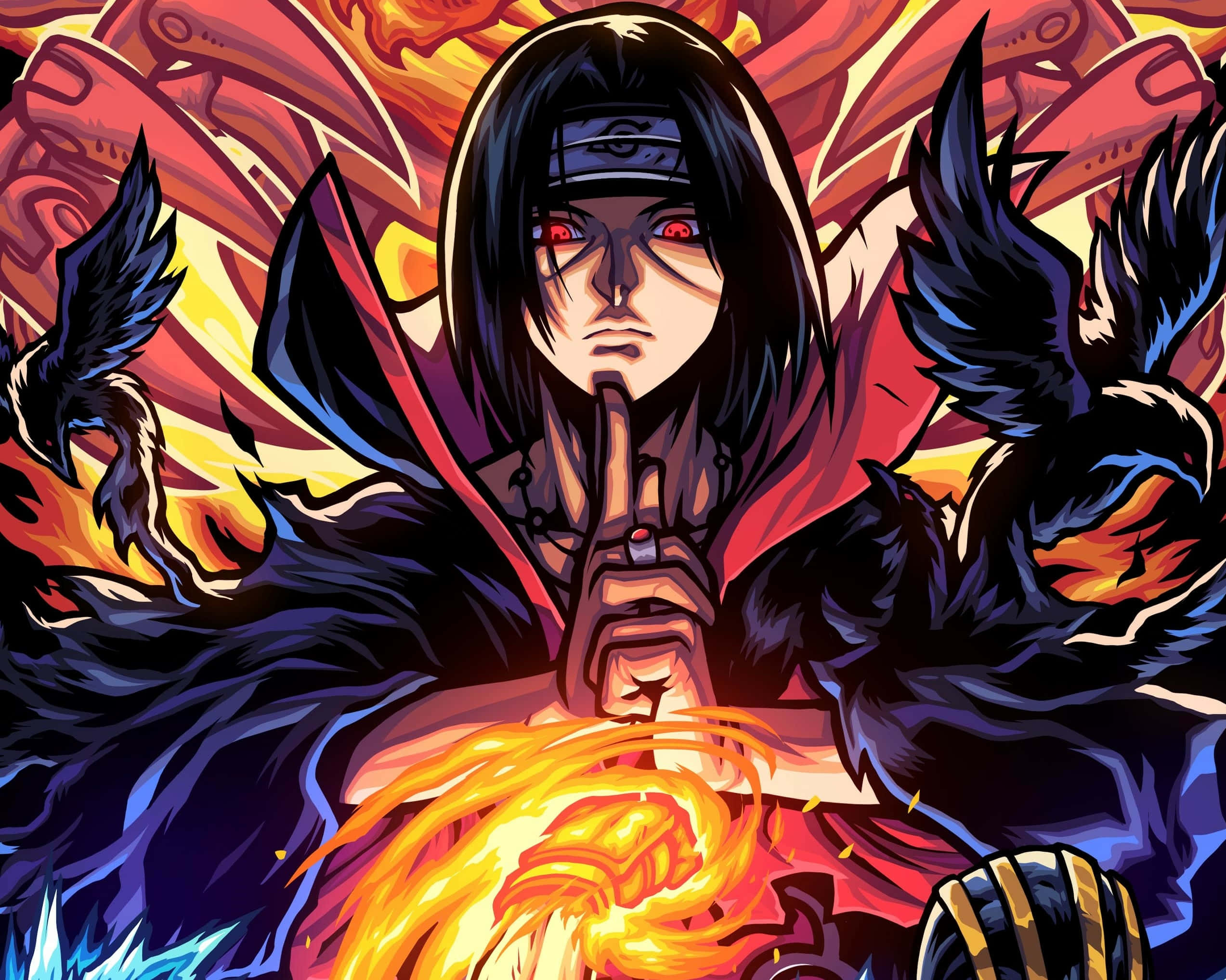 Vurige Itachi Kraai Prent Muurpapier