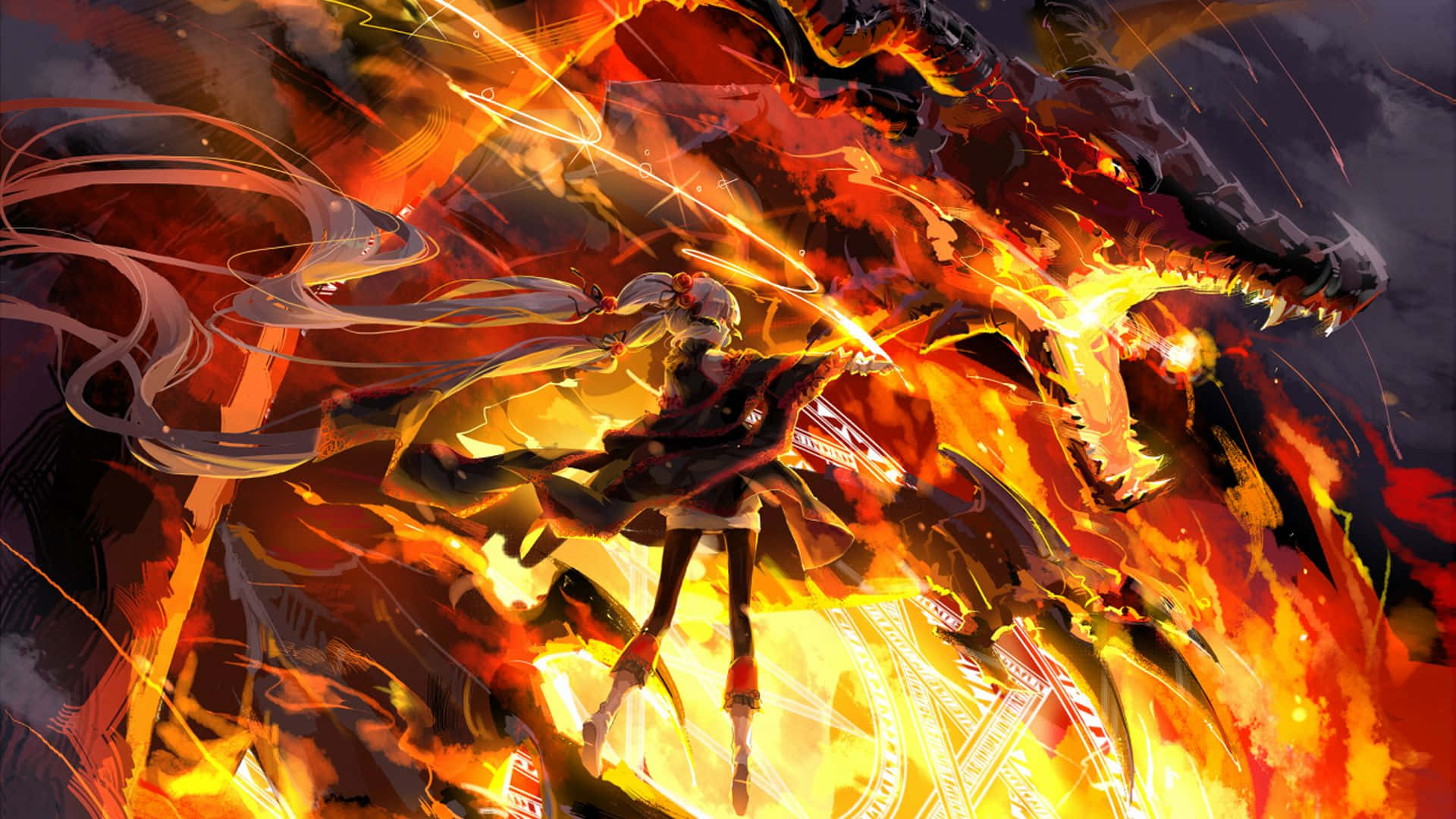 Vurige Magiese Vuurblaas-Draak Anime Muurpapier