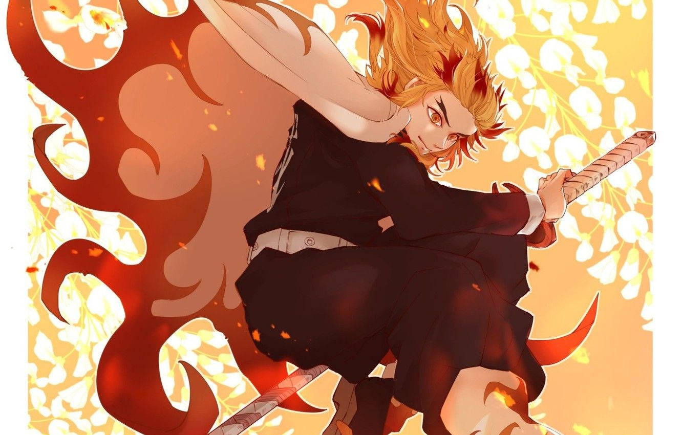 Demon Slayer-agtergrond van vuur hashira Kyojuro Rengoku wat die rand van sy swaard vashou. — Demon slayer 4K GIF Muurpapier