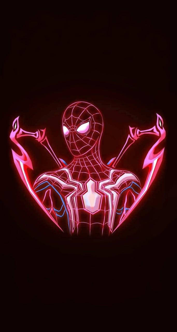 Spiderman pienk en rooi neonligte wat gloei in 'n donker swart agtergrond.
