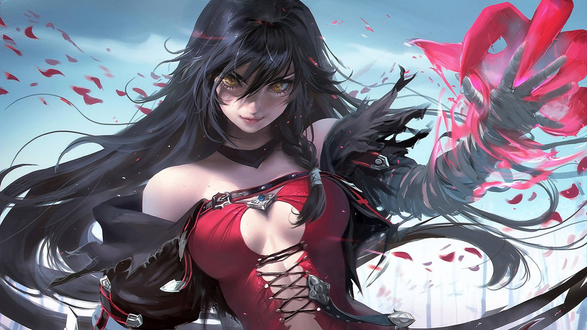 Warm anime-meisie met lang swart hare en rooi kloue as hand agtergrond — Anime meisie Muurpapier