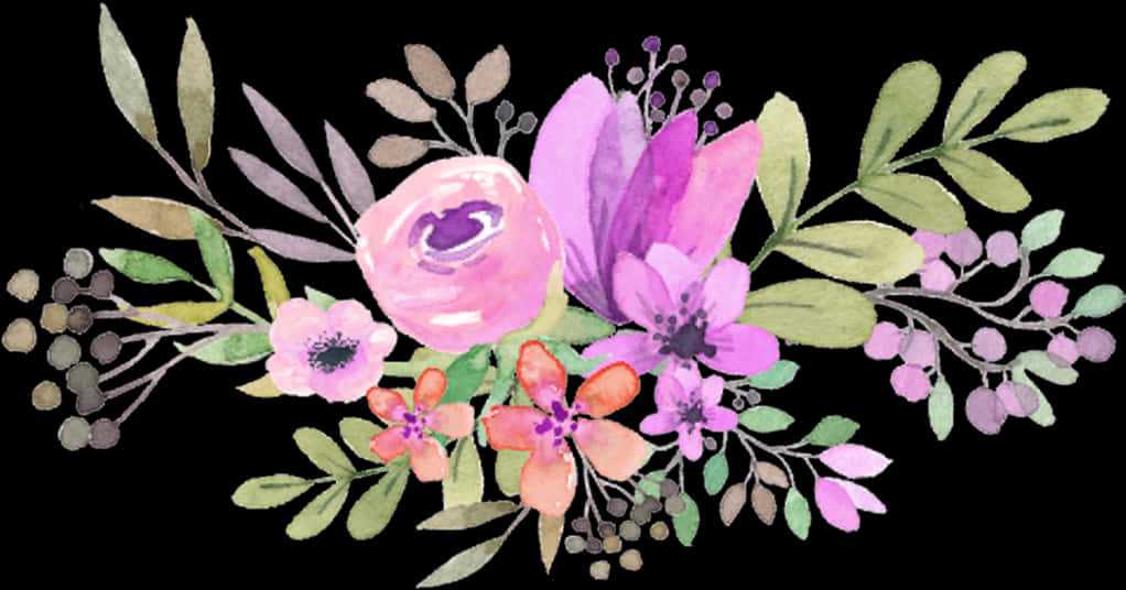 Waterverf-blommerangskikking_ Swart Agtergrond.JPG Muurpapier