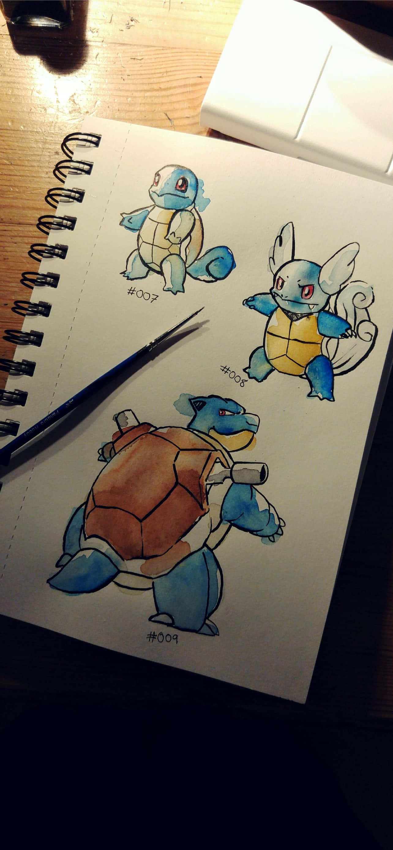 Waterverftekeninge van Squirtle, Wartortle en Blastoise Muurpapier