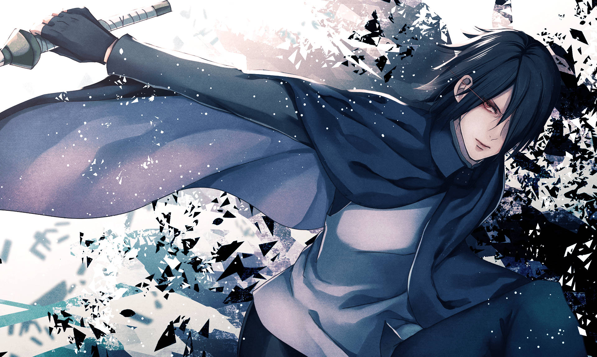 Agtergrond van Sasuke Uchiha wat die swart Weerligflits-kleed dra.