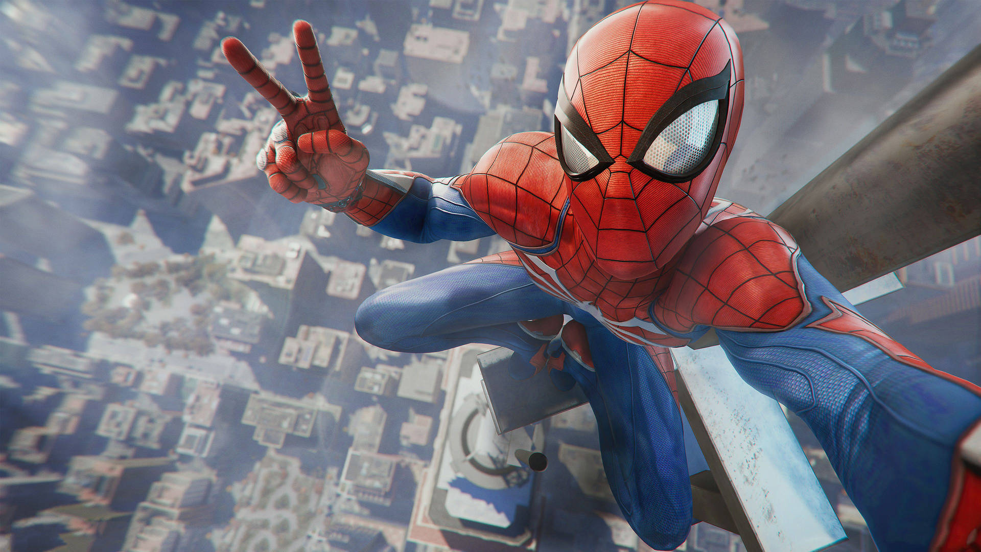 Spiderman bo-op 'n gebou wat opkyk en 'n selfie neem met 'n vredesteken wat die bo-aansig van die stad wys.