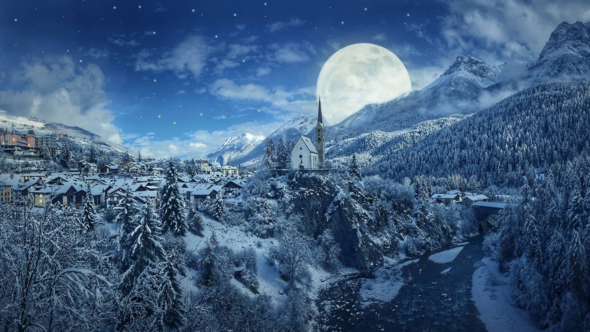 Winter-estetiek met Groot Maan-dorpie Muurpapier