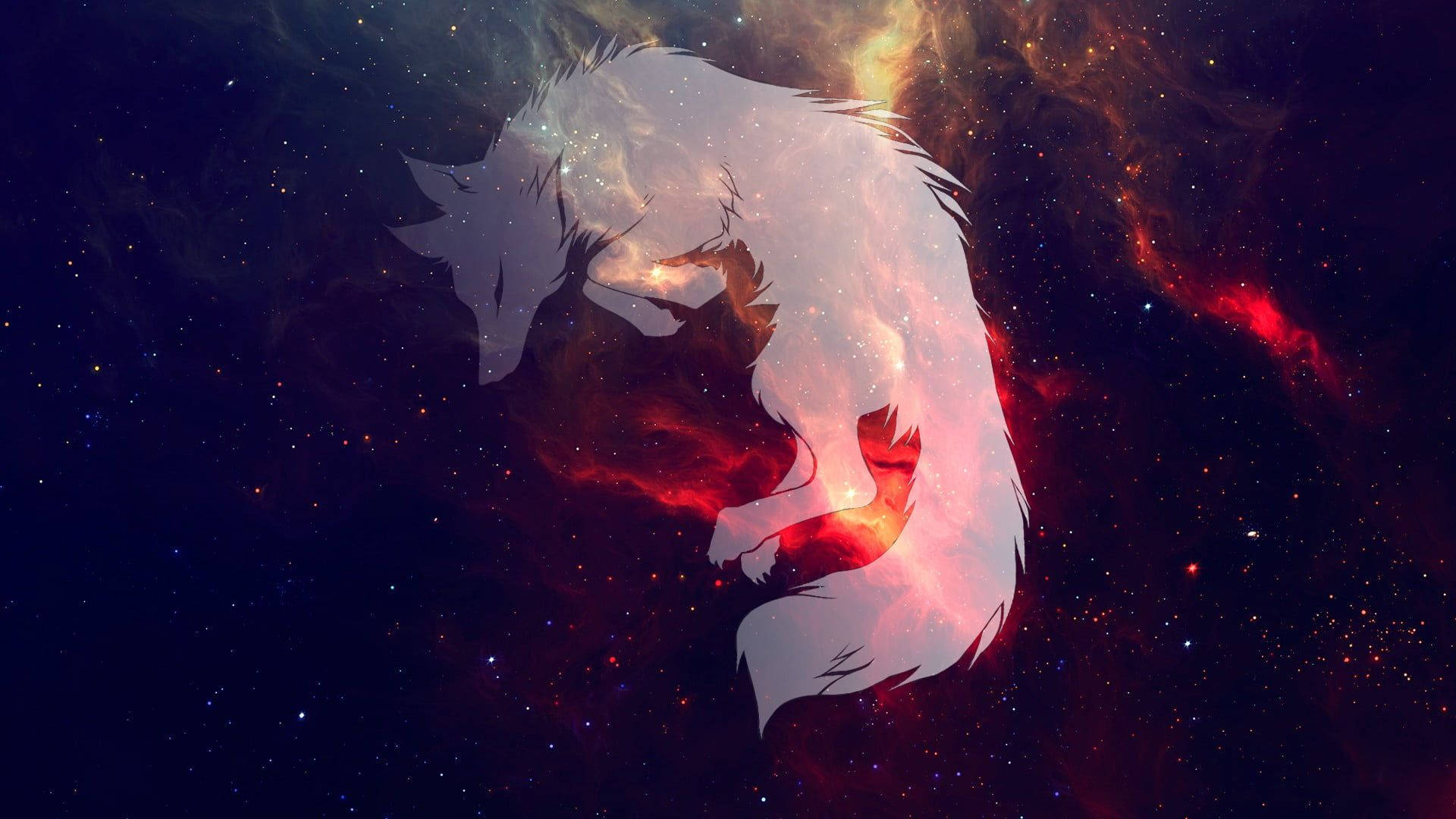 Wit Galaksi Wolf Silhouet Muurpapier